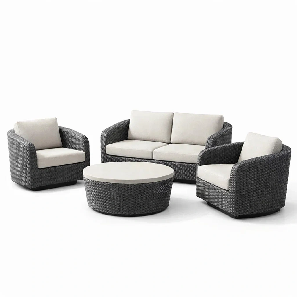 Ensemble de conversation en résine tressée gris avec coussins beige-PURECUSHIONHOME