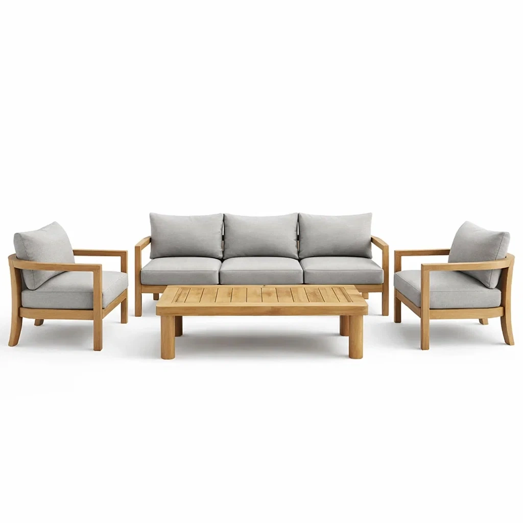 Ensemble de conversation en bois d’acacia avec coussins gris en polyester-PURECUSHIONHOME