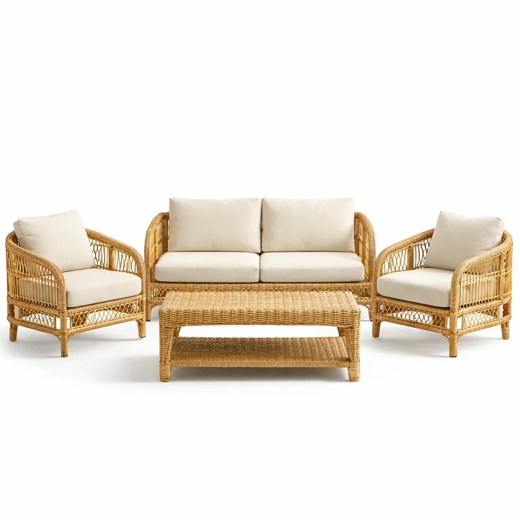 Ensemble de conversation en rotin avec coussins beige-PURECUSHIONHOME