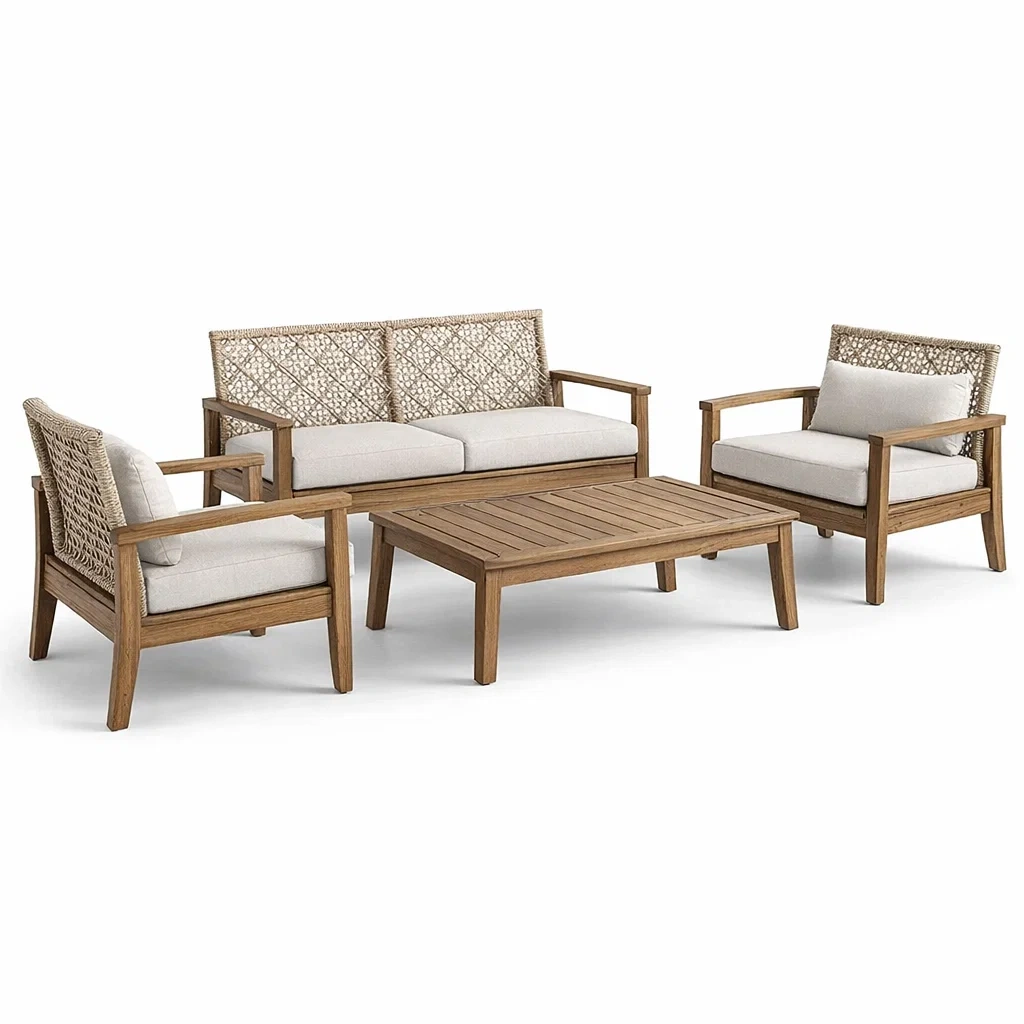 Ensemble de conversation en bois d’acacia avec fauteuils et table basse-PURECUSHIONHOME