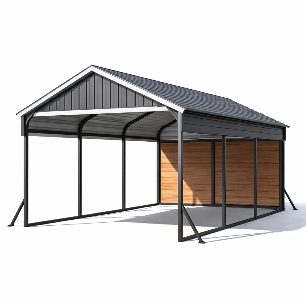 Abri voiture en acier et bois gris et bois-PURECUSHIONHOME