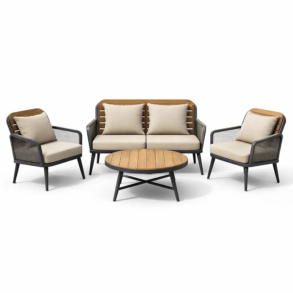 Ensemble de conversation 4 pièces en acier avec bois de hêtre et coussins en polyester beige-PURECUSHIONHOME