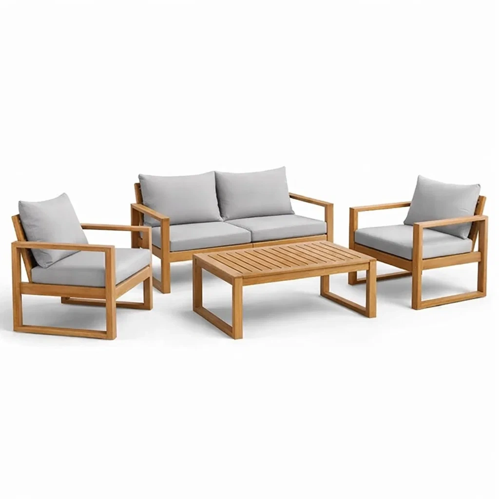 Ensemble de conversation en bois d’acacia avec coussins gris-PURECUSHIONHOME