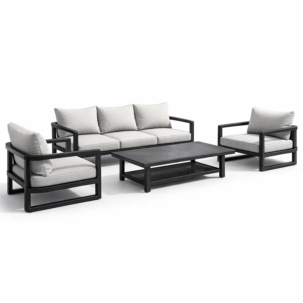 Ensemble de conversation en aluminium et tissu gris et noir-PURECUSHIONHOME