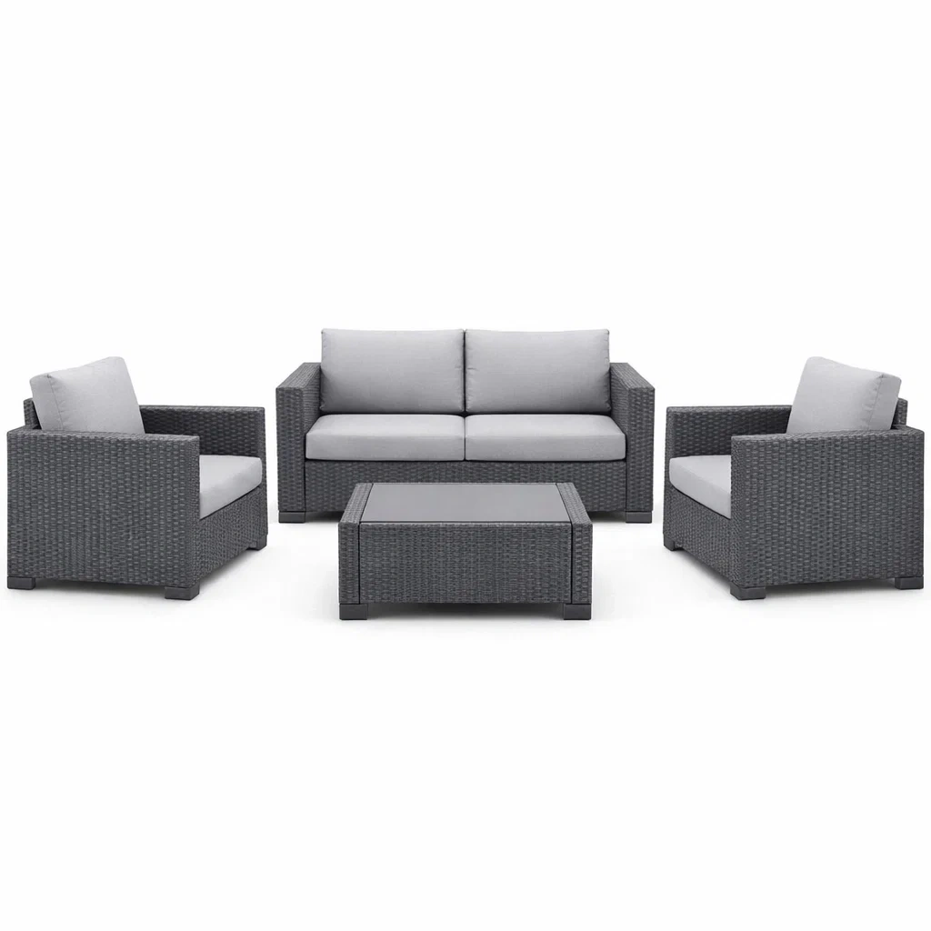 Ensemble de conversation en résine tressée avec coussins gris clair-PURECUSHIONHOME