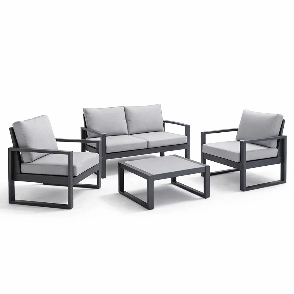 Ensemble de conversation 4 pièces en aluminium avec coussins gris-PURECUSHIONHOME