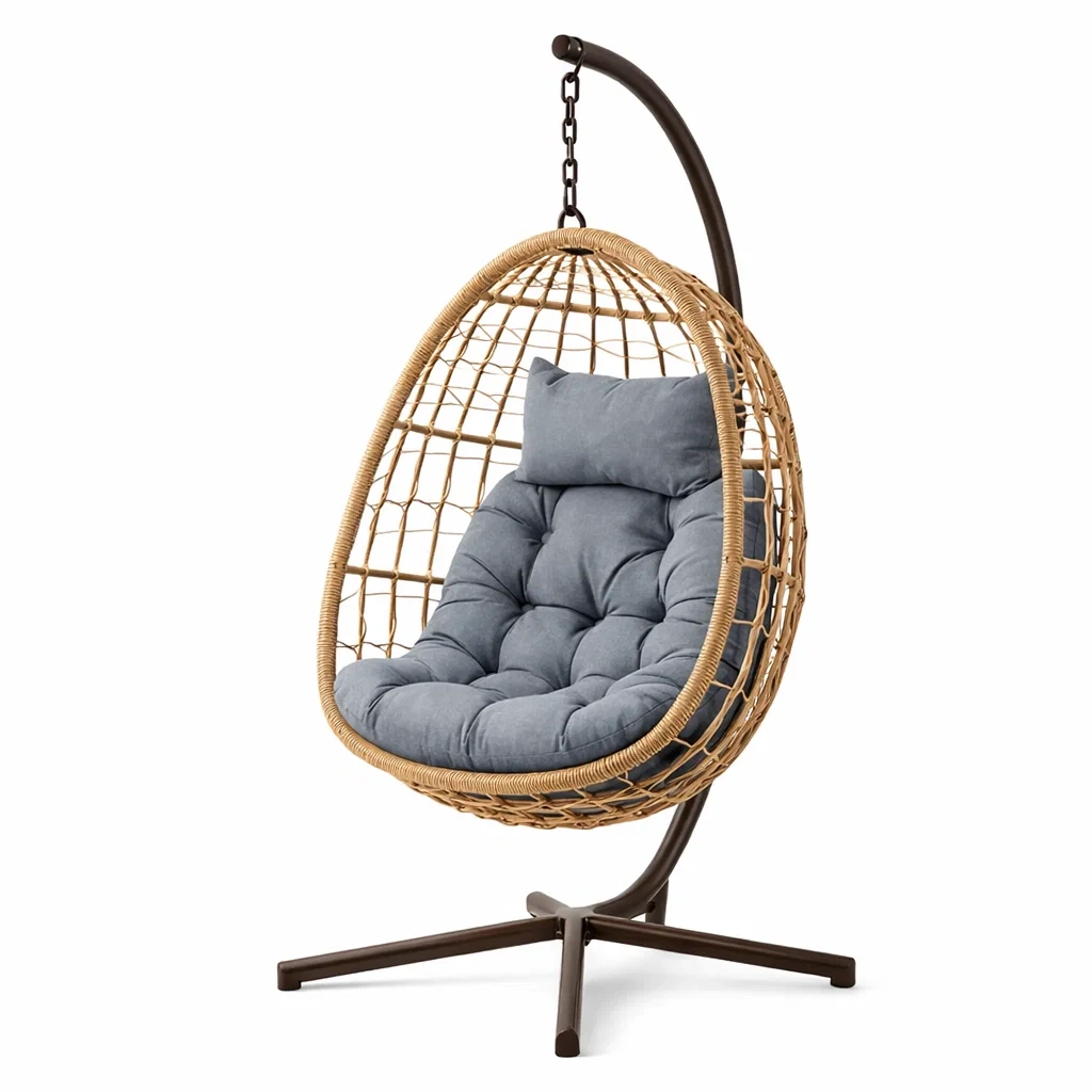 Fauteuil suspendu en forme d'œuf en rotin avec coussin gris et structure métallique-PURECUSHIONHOME
