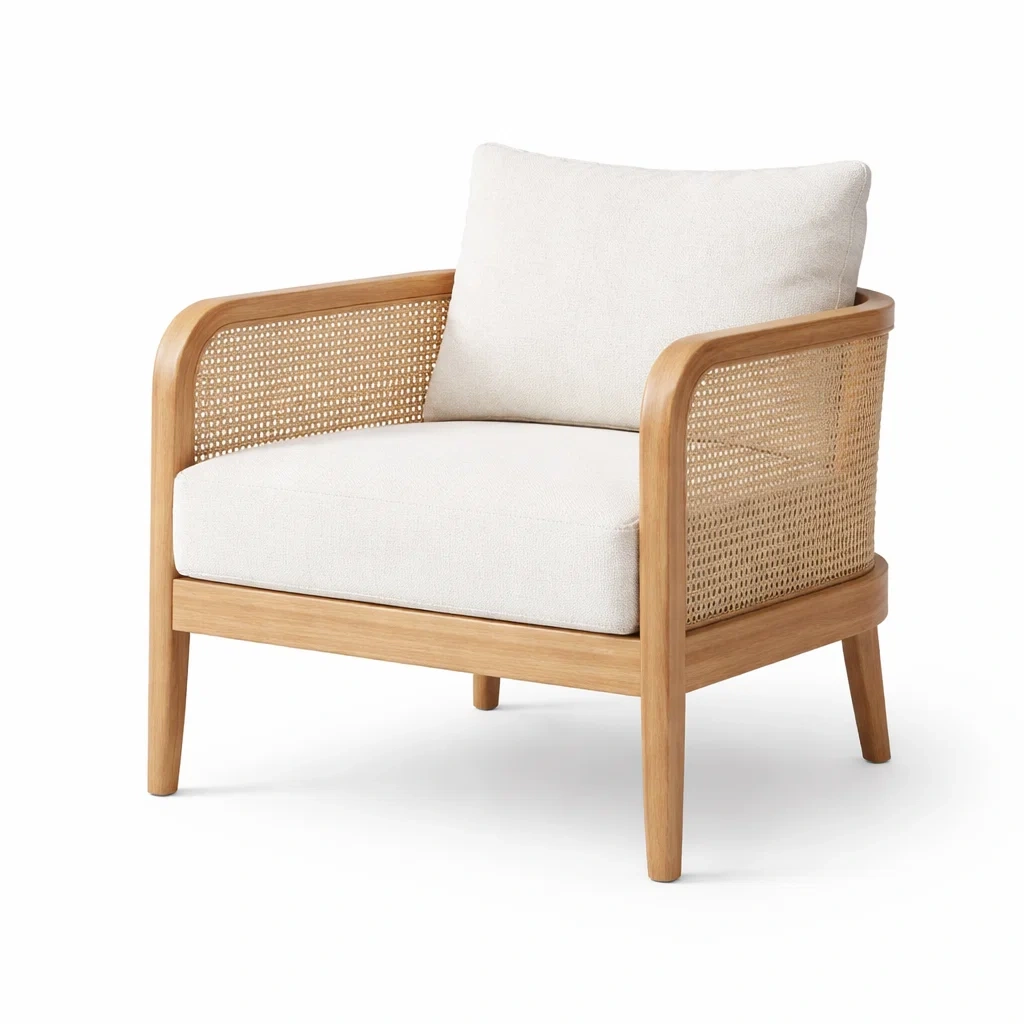 Fauteuil de détente en chêne avec tissu blanc et accoudoirs en rotin-PURECUSHIONHOME