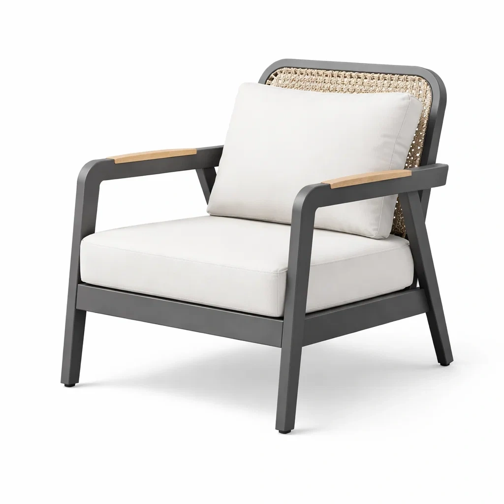 Fauteuil de détente en aluminium avec accoudoirs en bois et coussin beige-PURECUSHIONHOME