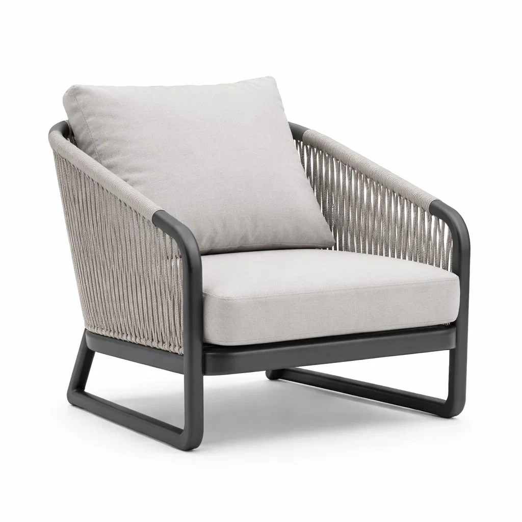 Fauteuil de détente en aluminium et corde polyester gris-PURECUSHIONHOME
