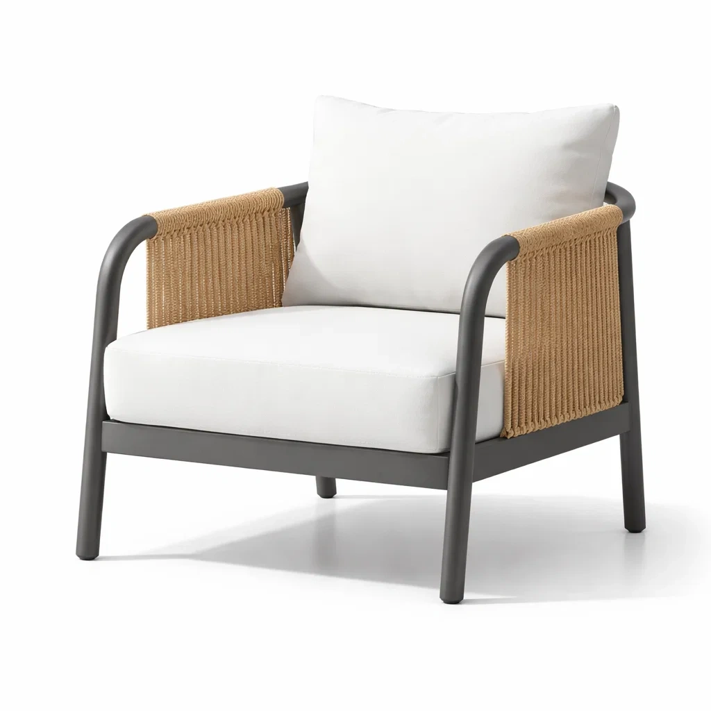 Fauteuil de détente d’extérieur en aluminium avec accoudoirs en corde polyester-PURECUSHIONHOME