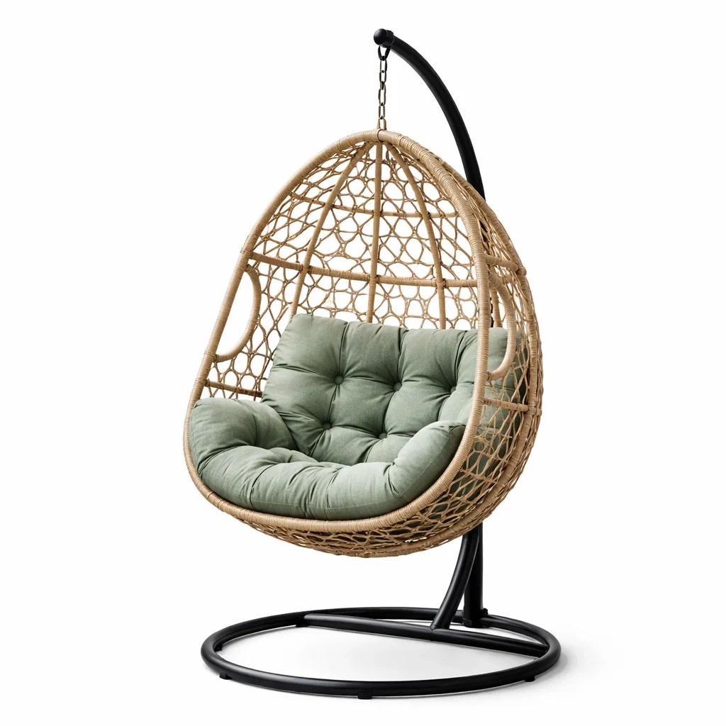 Fauteuil suspendu en forme d'œuf en rotin avec coussin vert-PURECUSHIONHOME