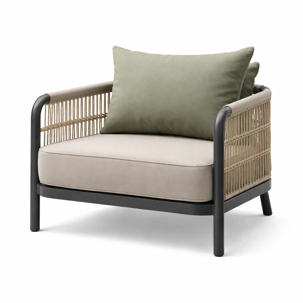 Fauteuil de détente en aluminium et corde avec coussins en polyester vert et beige-PURECUSHIONHOME