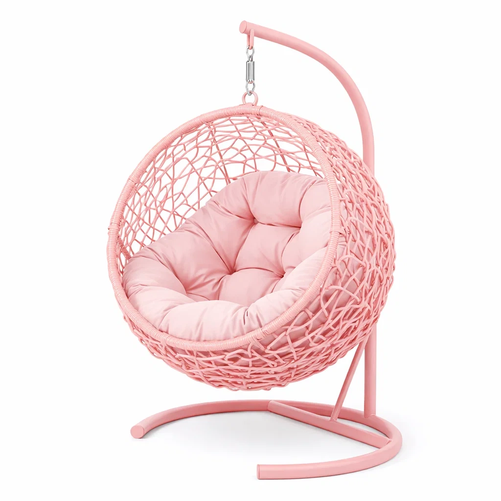 Fauteuil suspendu en forme d'œuf en résine tressée rose avec coussin-PURECUSHIONHOME