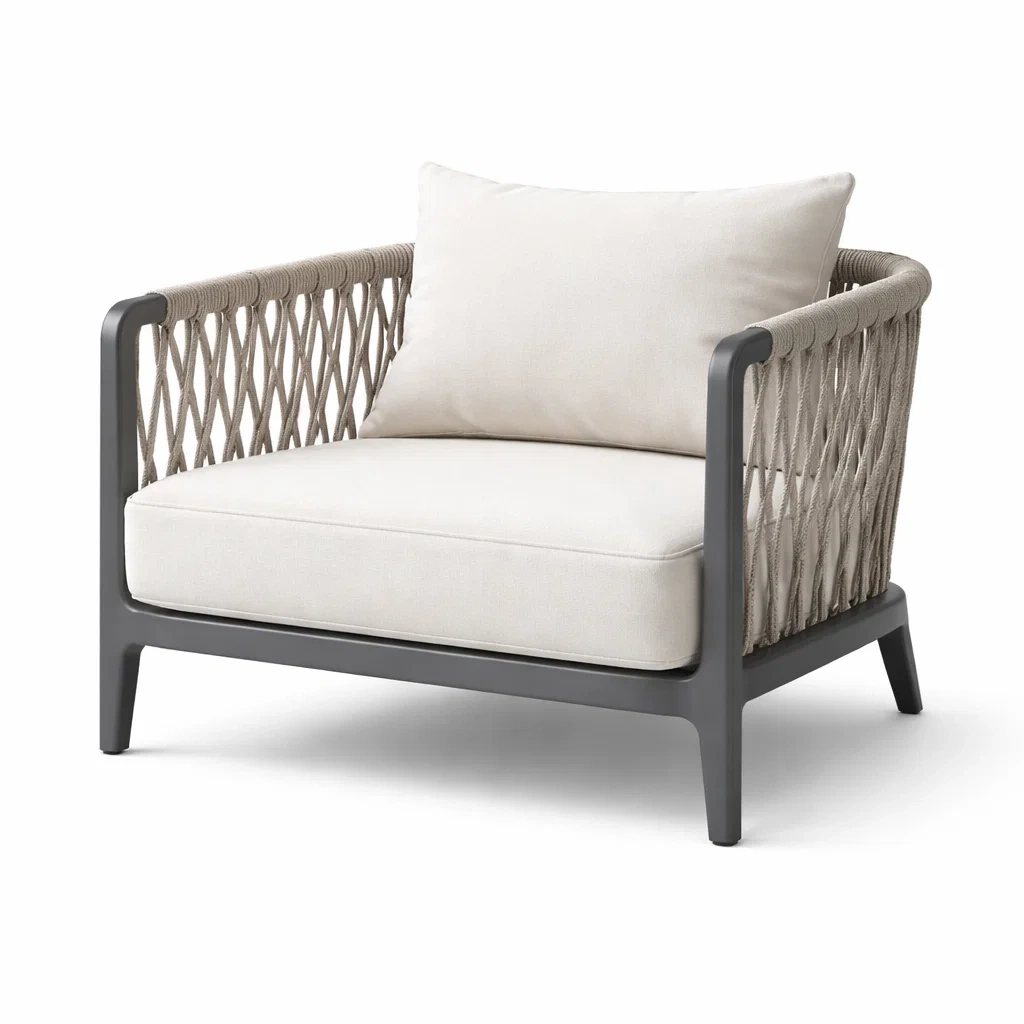 Fauteuil de détente d’extérieur en aluminium et corde textile beige 72 x 82 x 76 cm-PURECUSHIONHOME