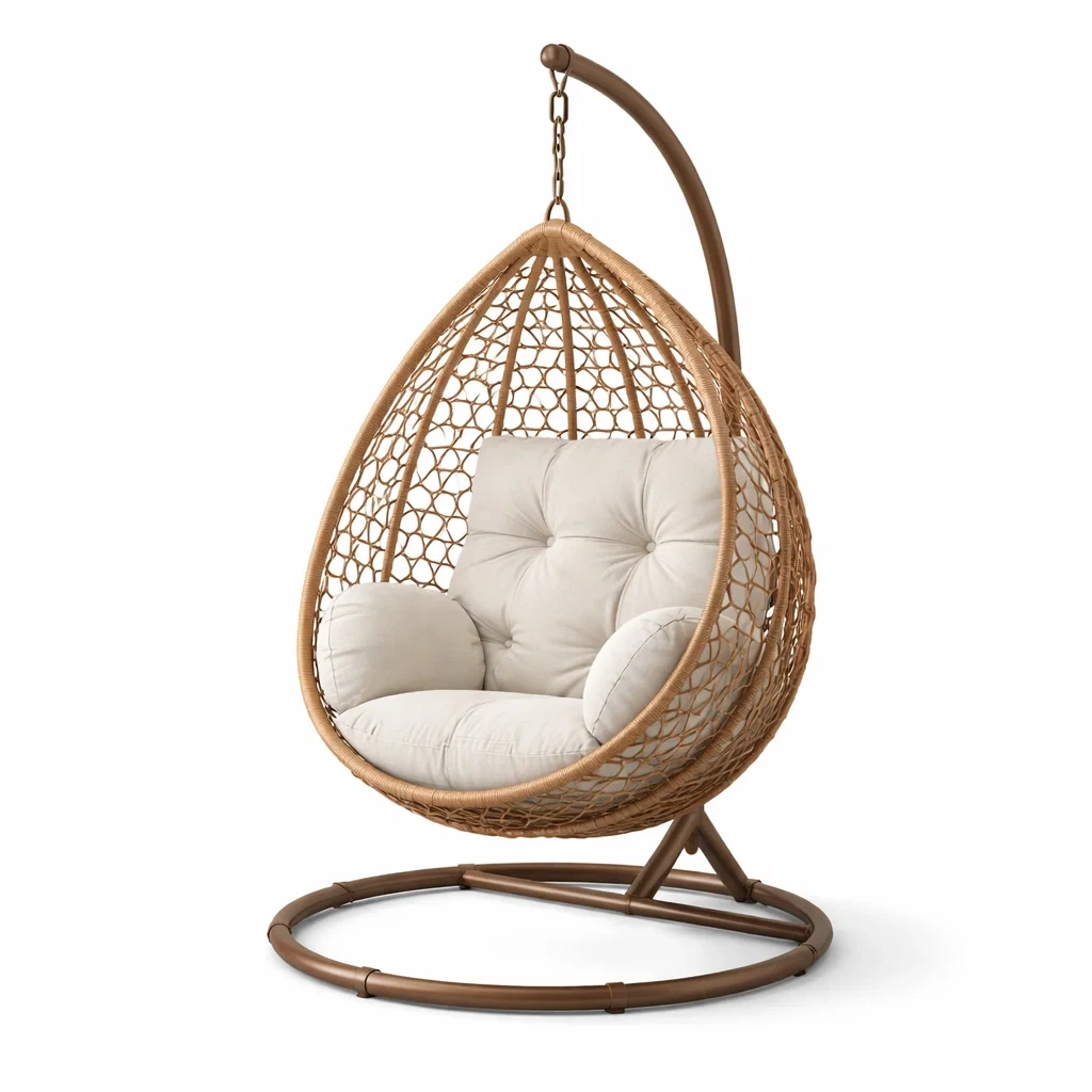 Fauteuil suspendu en forme d'œuf en résine tressée avec coussin en polyester beige hauteur 195 cm diamètre 105 cm-PURECUSHIONHOME