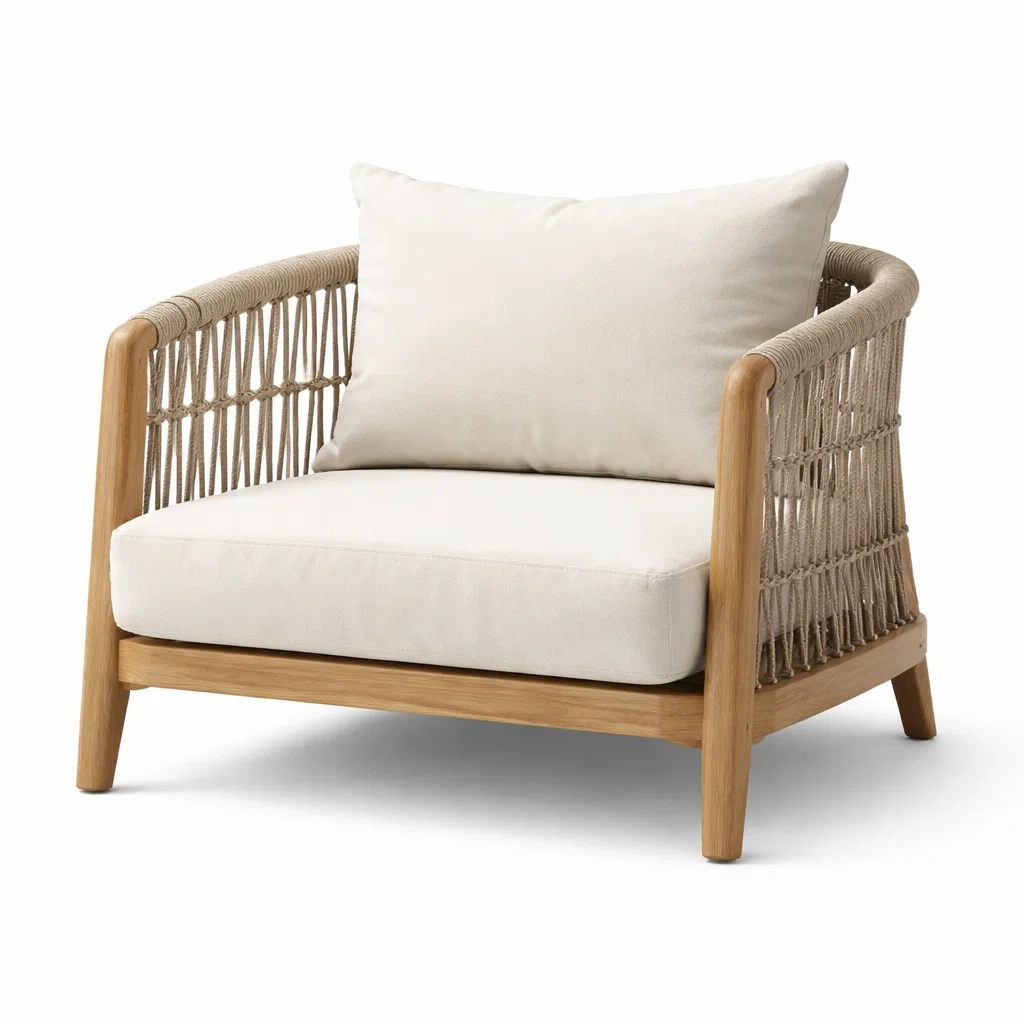 Fauteuil de détente en bois d’acacia avec cordage et coussins en polyester beige-PURECUSHIONHOME