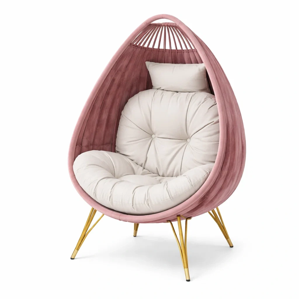 Fauteuil œuf en velours rose avec coussin en polyester et pieds en métal doré-PURECUSHIONHOME