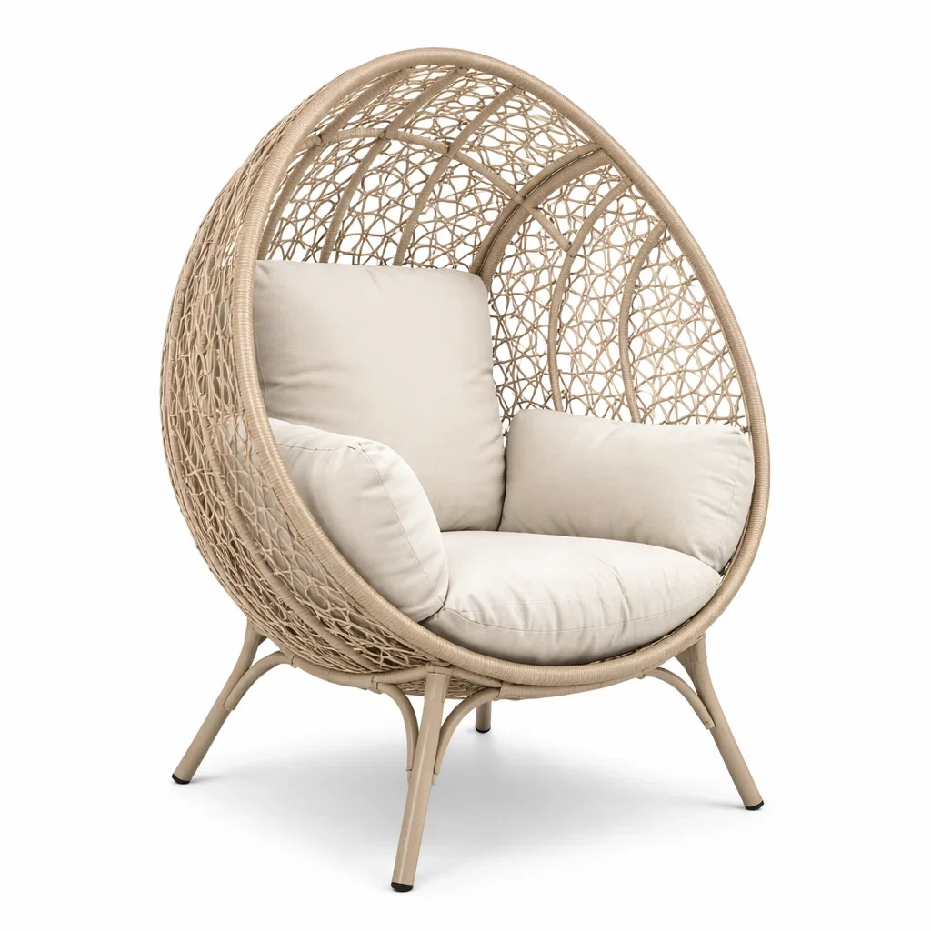 Fauteuil œuf en rotin synthétique avec coussin beige-PURECUSHIONHOME