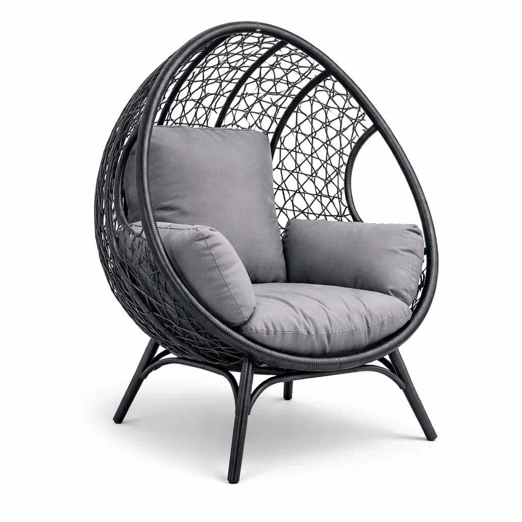 Fauteuil œuf en résine tressée et acier avec coussins en polyester gris-PURECUSHIONHOME