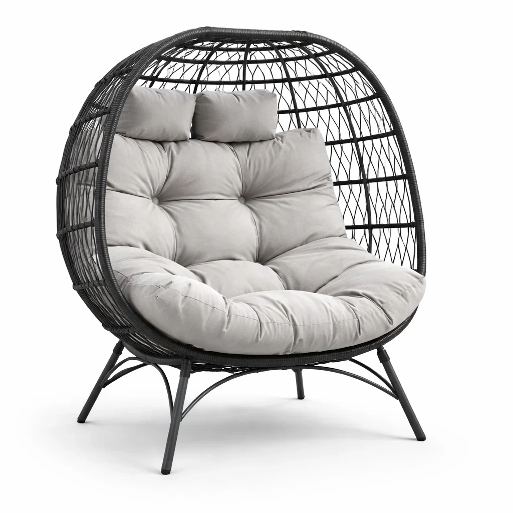Fauteuil œuf en rotin synthétique noir avec coussin en polyester gris-PURECUSHIONHOME