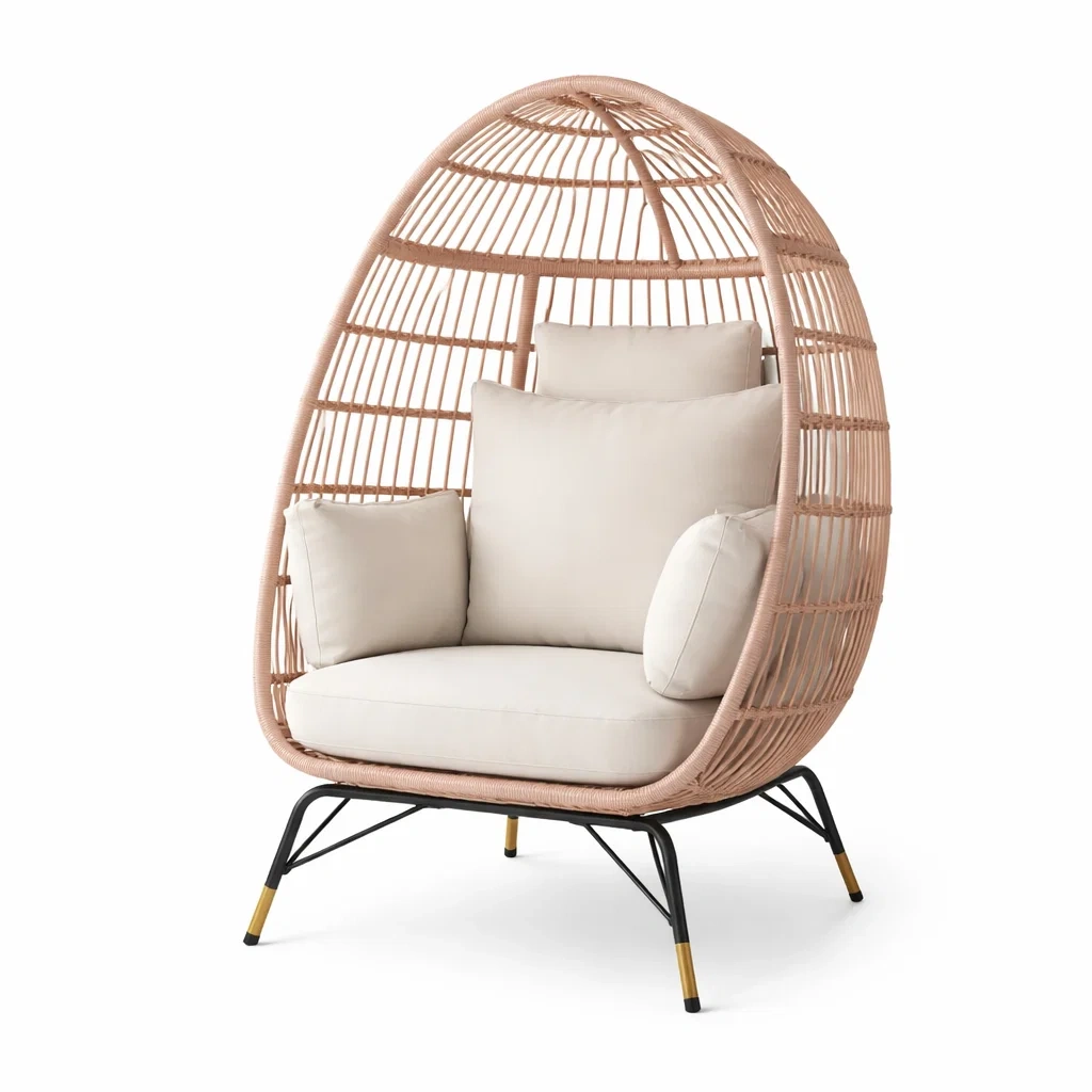 Fauteuil œuf en rotin avec pieds en métal et coussin beige-PURECUSHIONHOME
