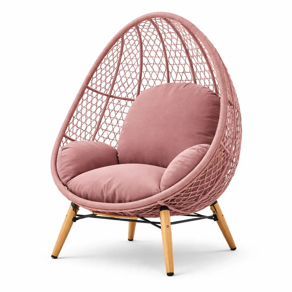 Fauteuil œuf en rotin synthétique rose avec coussins en tissu rembourrés-PURECUSHIONHOME