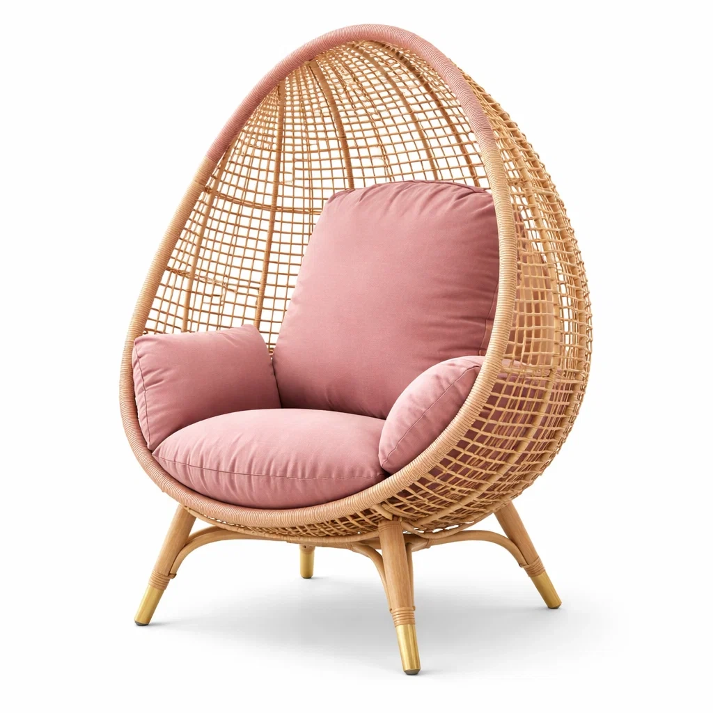 Fauteuil œuf en rotin avec coussins en polyester rose-PURECUSHIONHOME