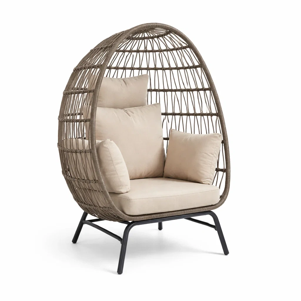 Fauteuil œuf en résine tressée avec coussin beige-PURECUSHIONHOME