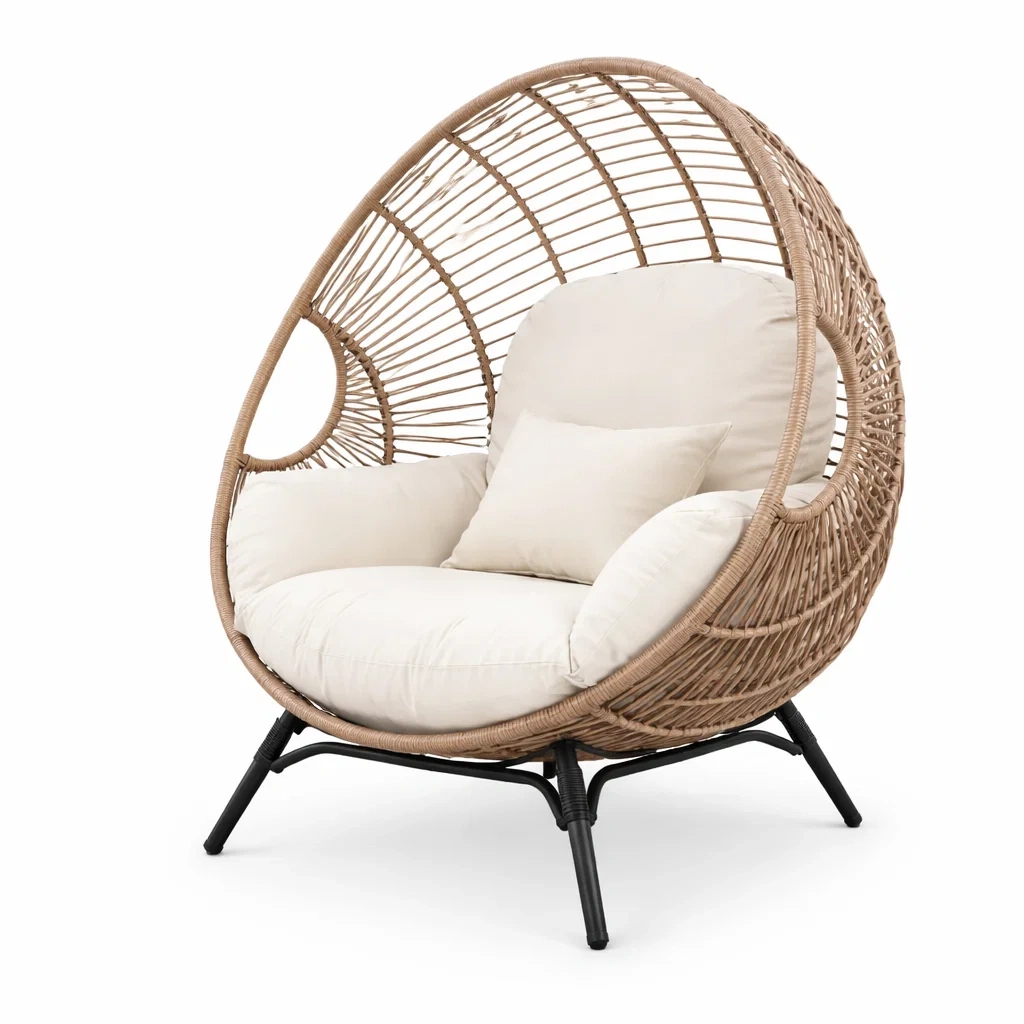 Fauteuil œuf en résine imitation rotin et métal beige-PURECUSHIONHOME