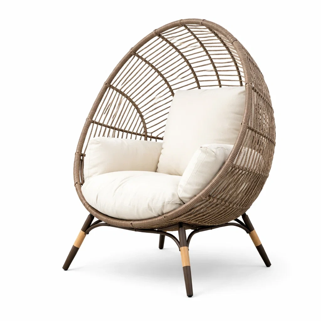 Fauteuil œuf en rotin avec coussins en coton beige 105 x 98 x 92 cm-PURECUSHIONHOME