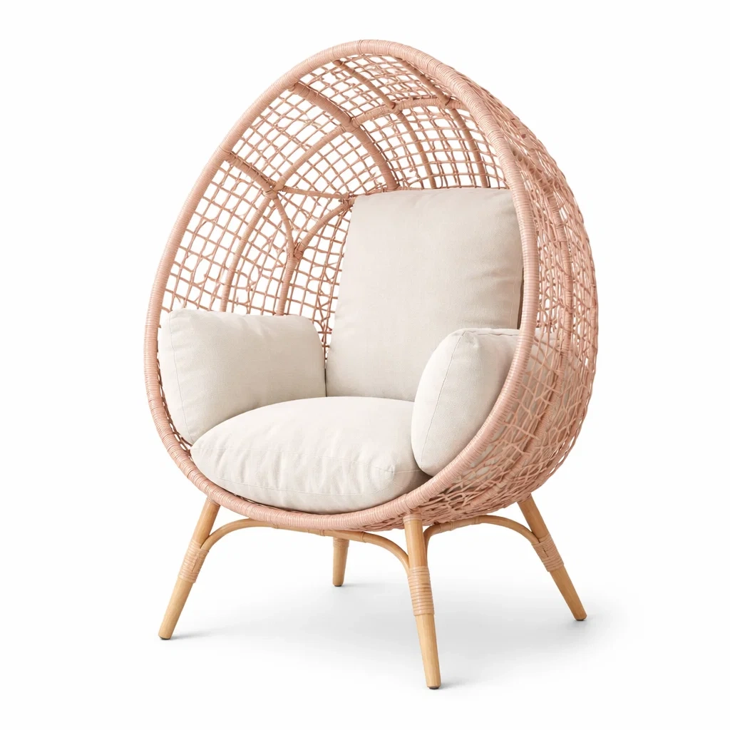 Fauteuil œuf en rotin synthétique avec coussins rose et crème-PURECUSHIONHOME