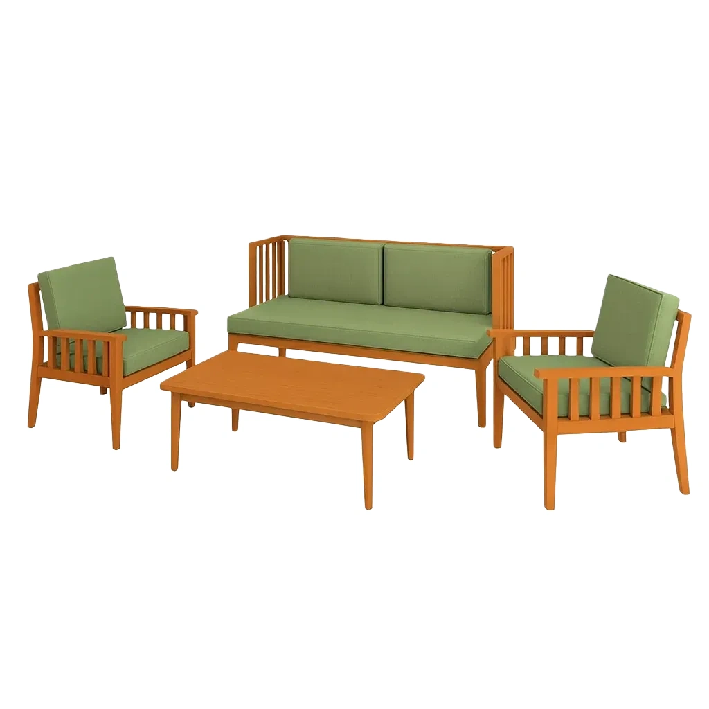 Ensemble de conversation en bois avec coussins verts