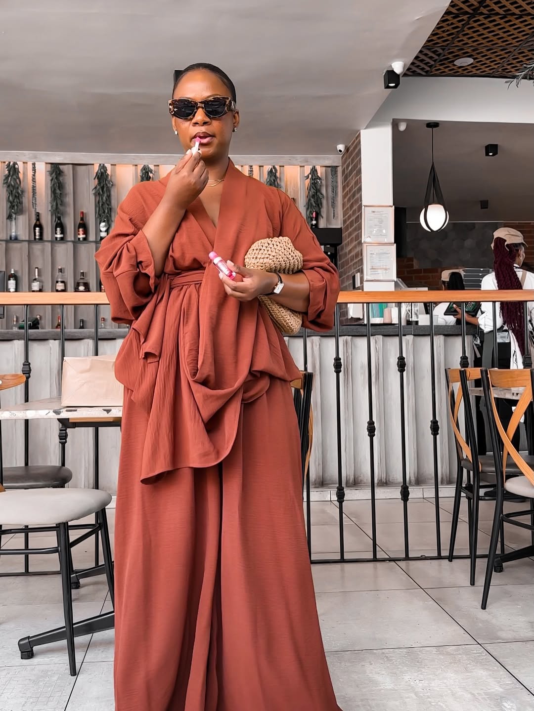 Cinnamon Draped Wrap Blouse & Maxi Wide-Leg Trousers