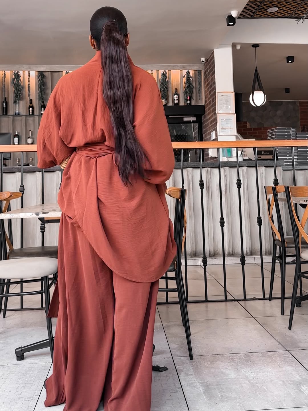 Cinnamon Draped Wrap Blouse & Maxi Wide-Leg Trousers