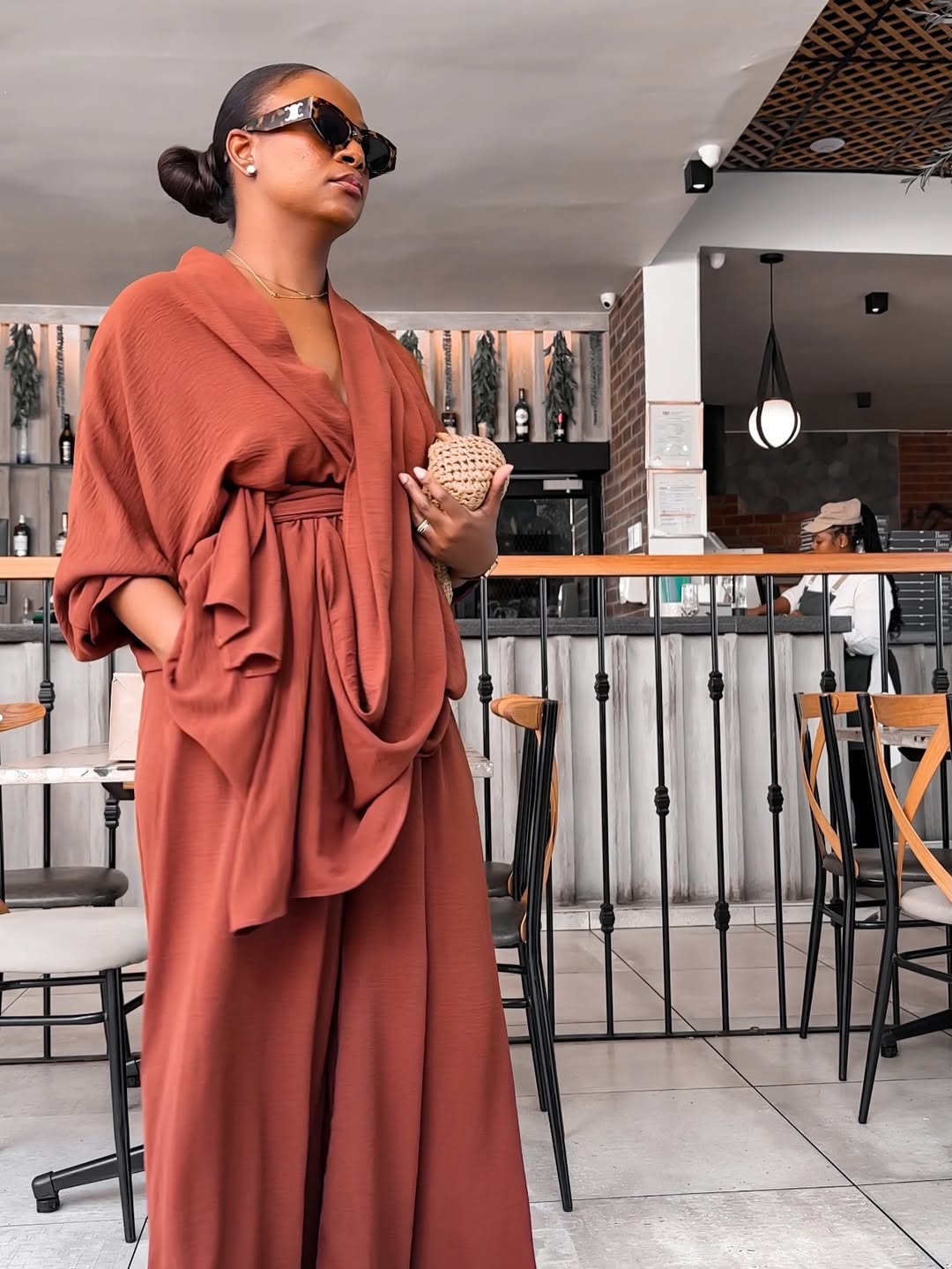Cinnamon Draped Wrap Blouse & Maxi Wide-Leg Trousers