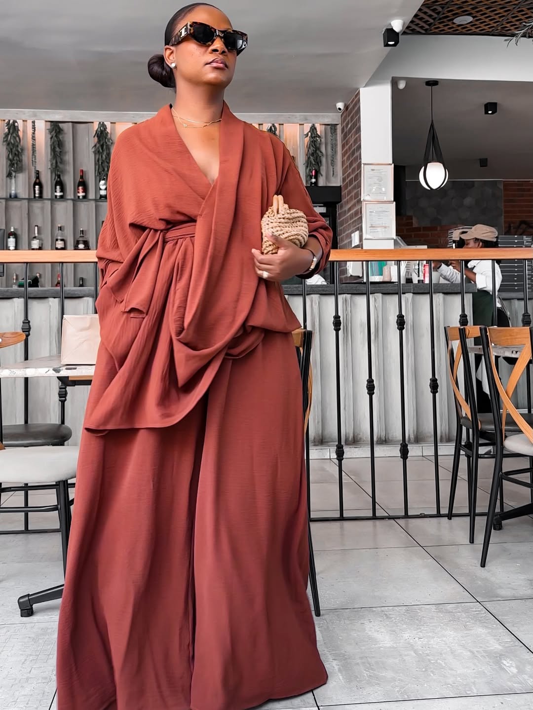 Cinnamon Draped Wrap Blouse & Maxi Wide-Leg Trousers