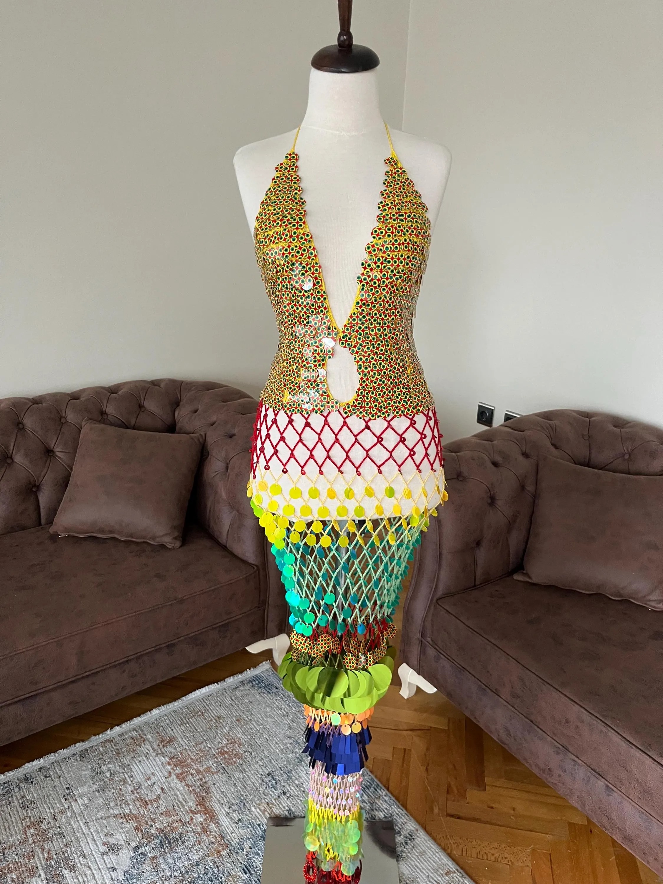 Rainbow Sequin Crochet Maxi Dress