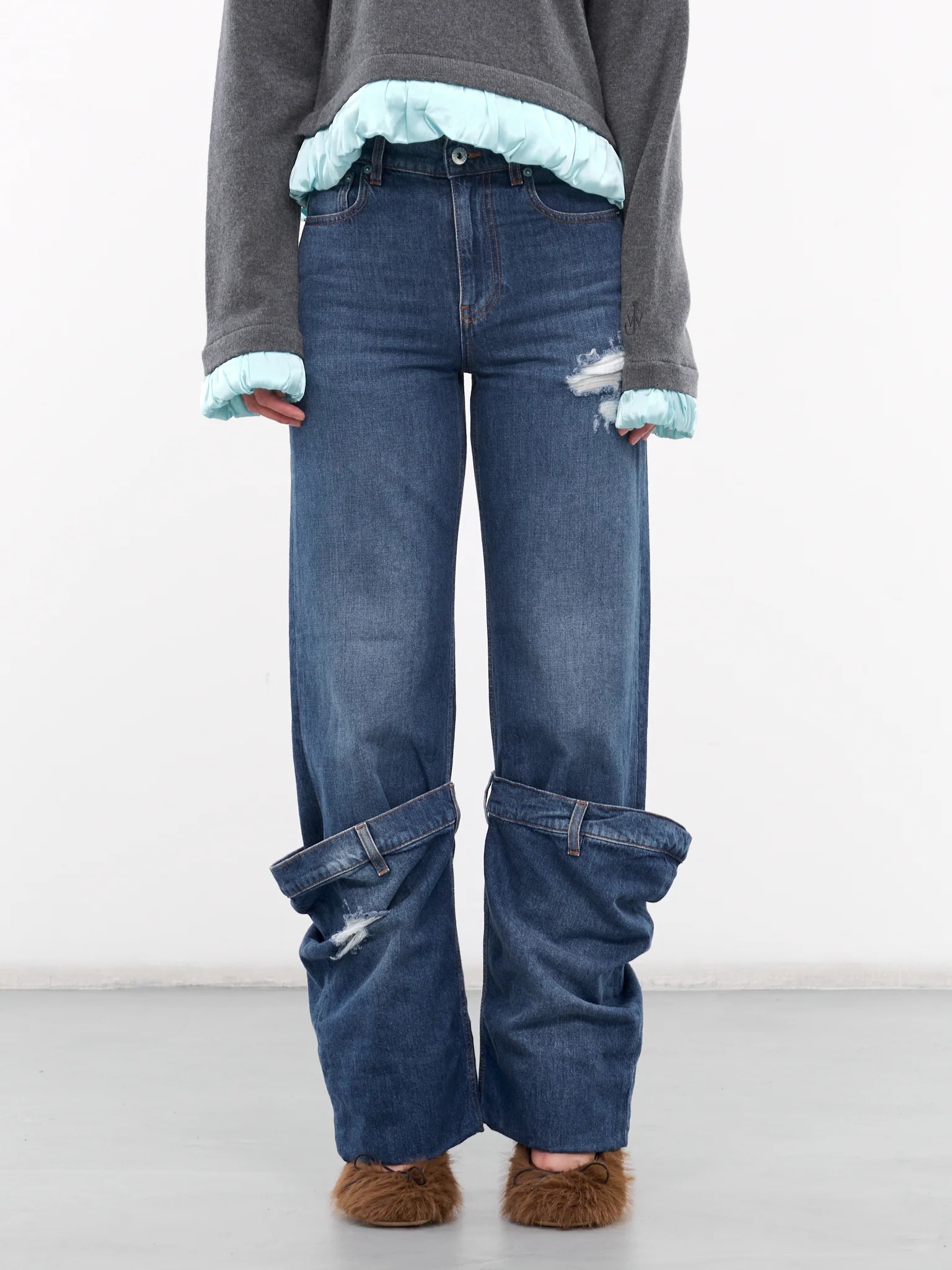 Folded Cuff Distressed Wide-Leg Denim