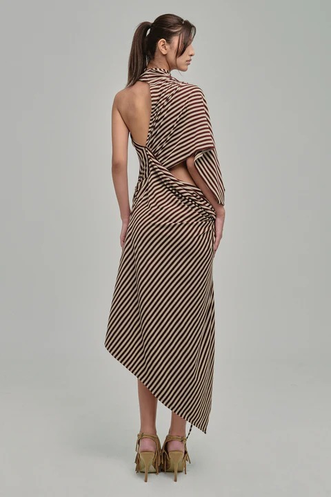 High Neck Striped Asymmetric Drawstring Dress