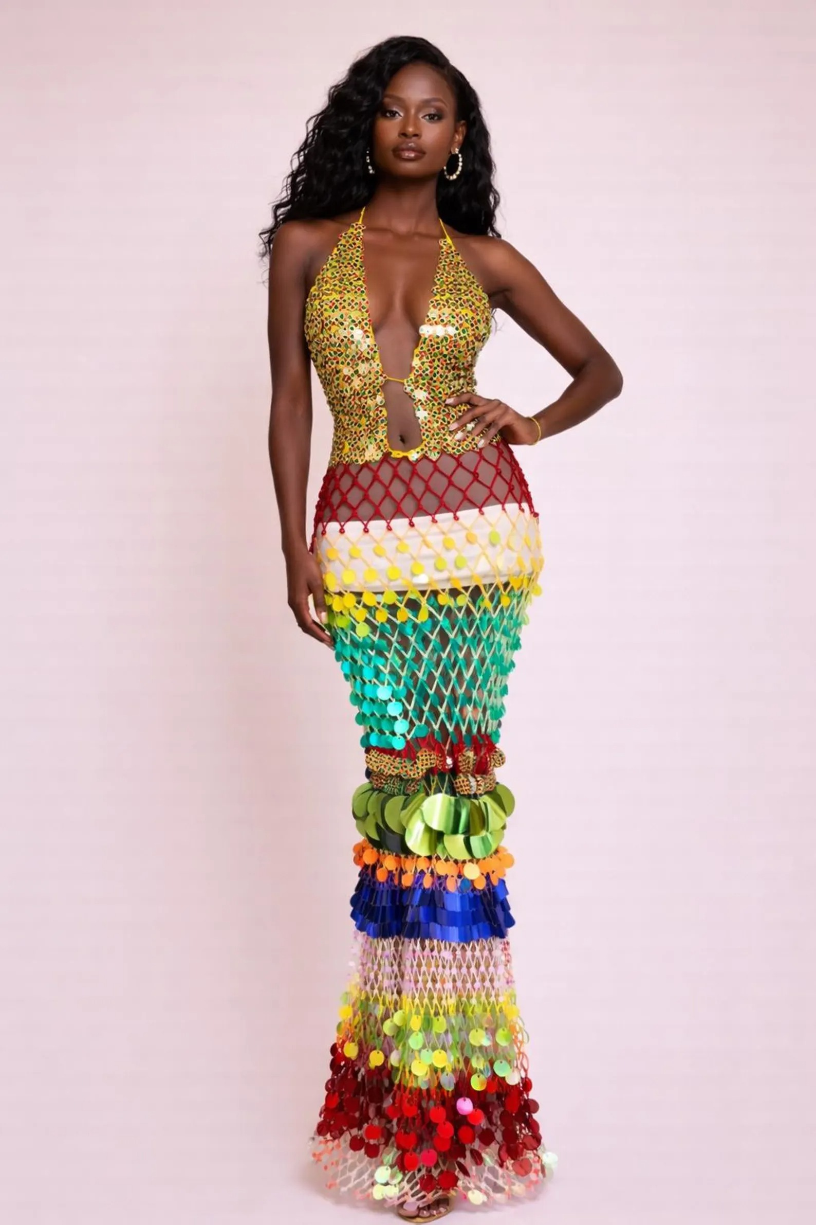 Rainbow Sequin Crochet Maxi Dress