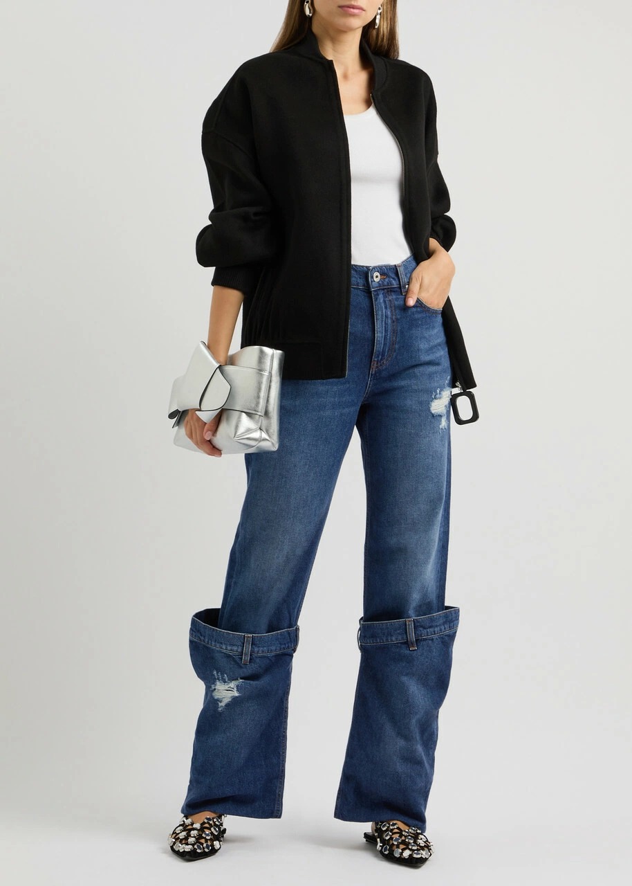 Folded Cuff Distressed Wide-Leg Denim