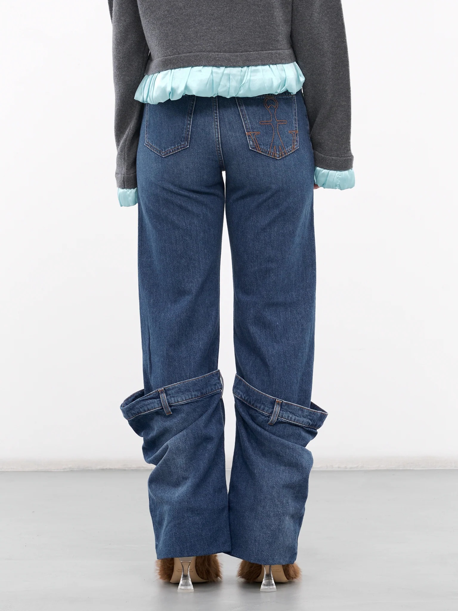 Folded Cuff Distressed Wide-Leg Denim