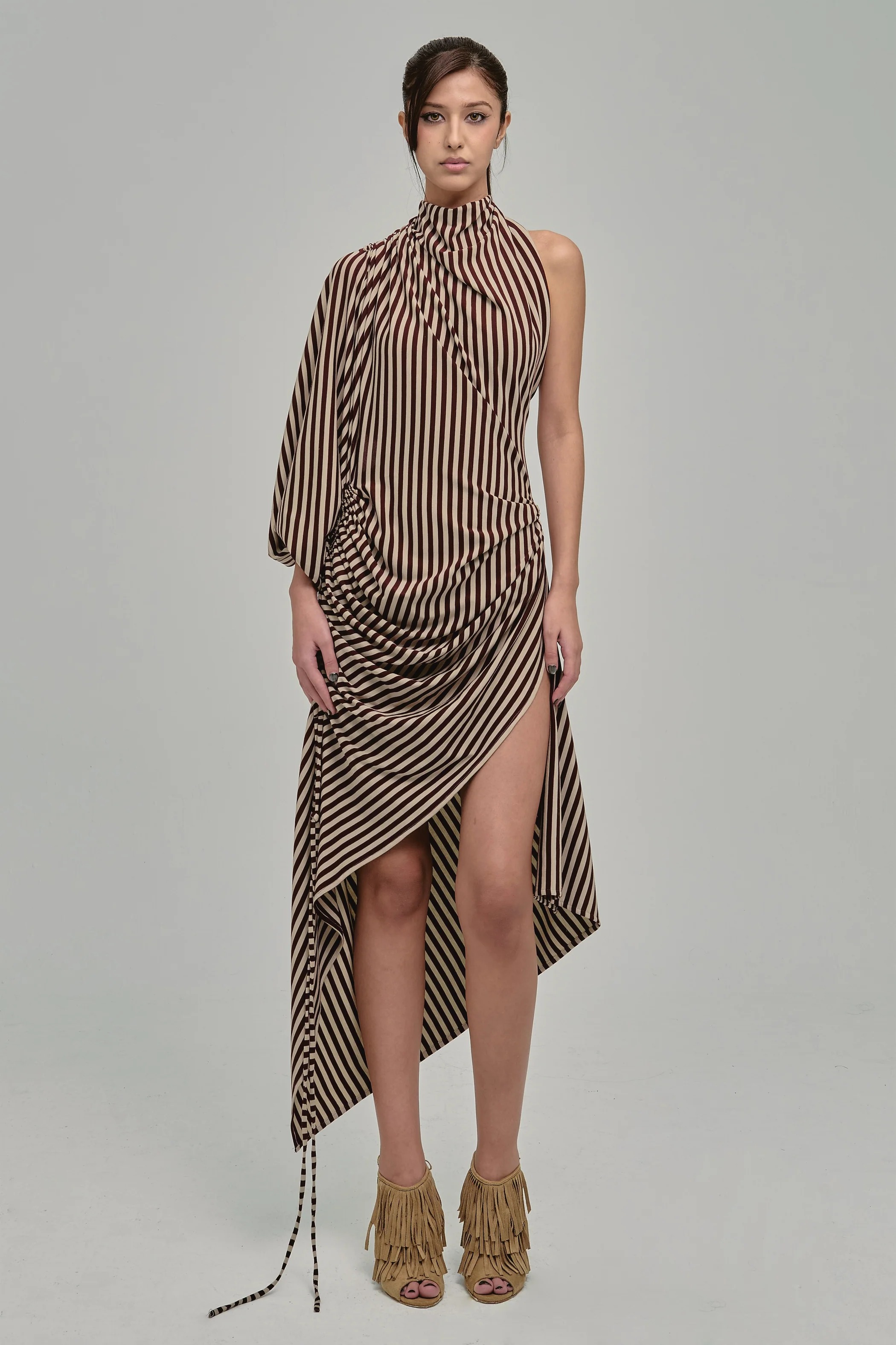 High Neck Striped Asymmetric Drawstring Dress