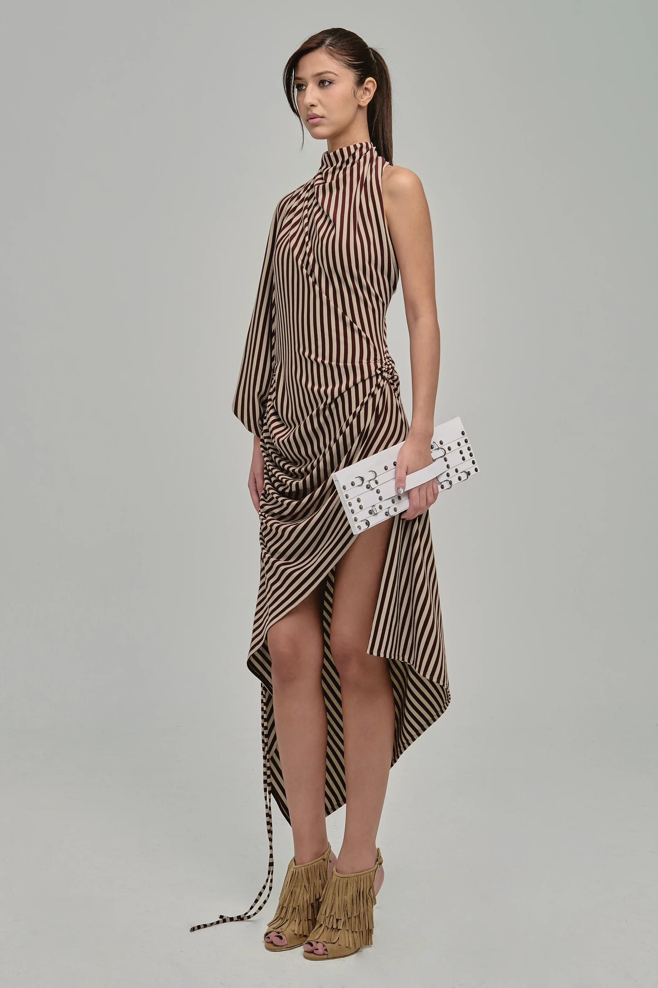 High Neck Striped Asymmetric Drawstring Dress