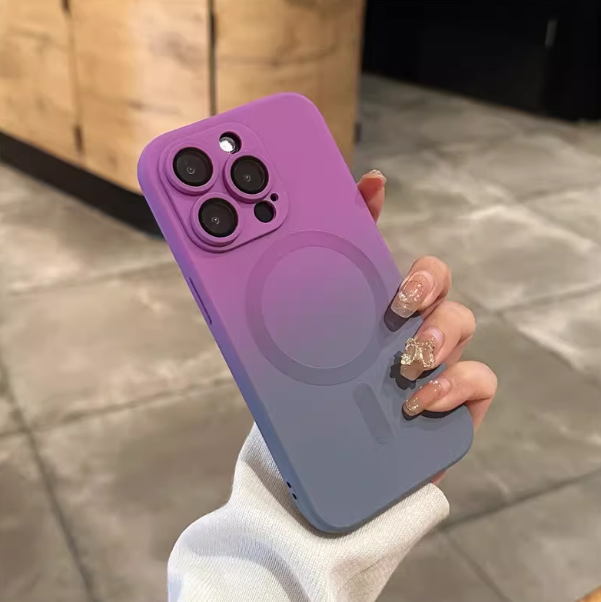 Hand holding purple gradient iPhone case with MagSafe ring, real-life photo showing color fade and fit