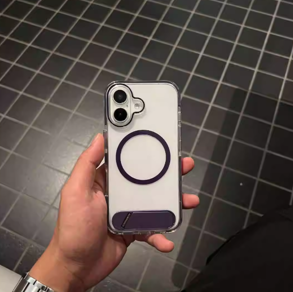 Hand holding clear magnetic ring iPhone case, shows grip and slim fit in real life