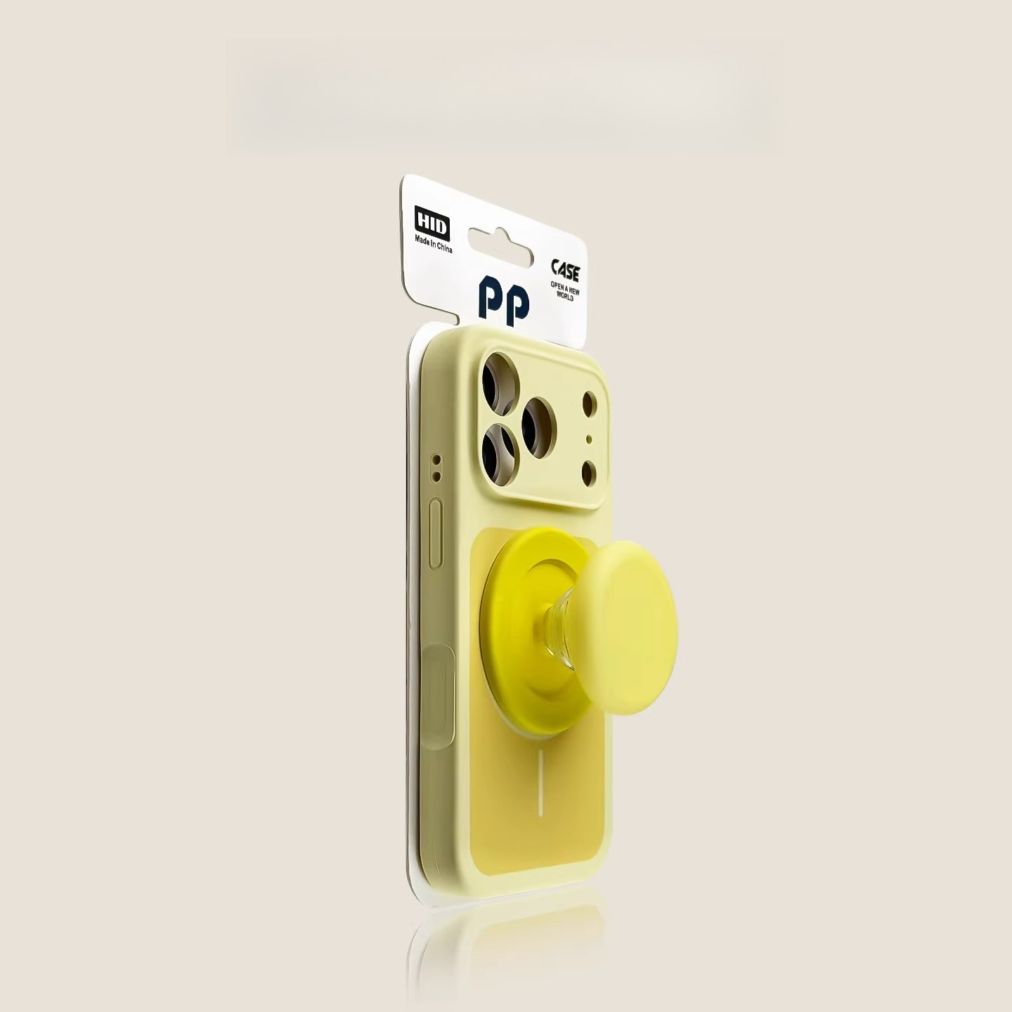 Yellow MagSafe iPhone case with magnetic grip stand, matte finish, shockproof protection