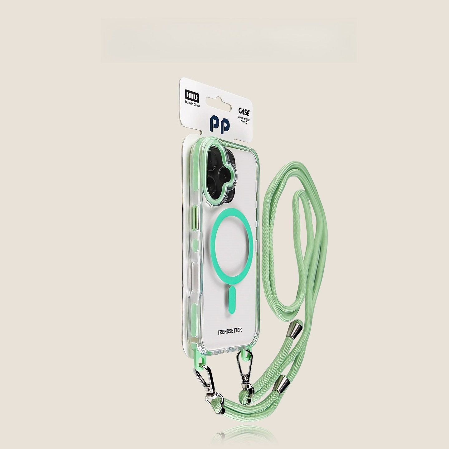 Green clear iPhone case with MagSafe ring and matching lanyard strap, shown on phone