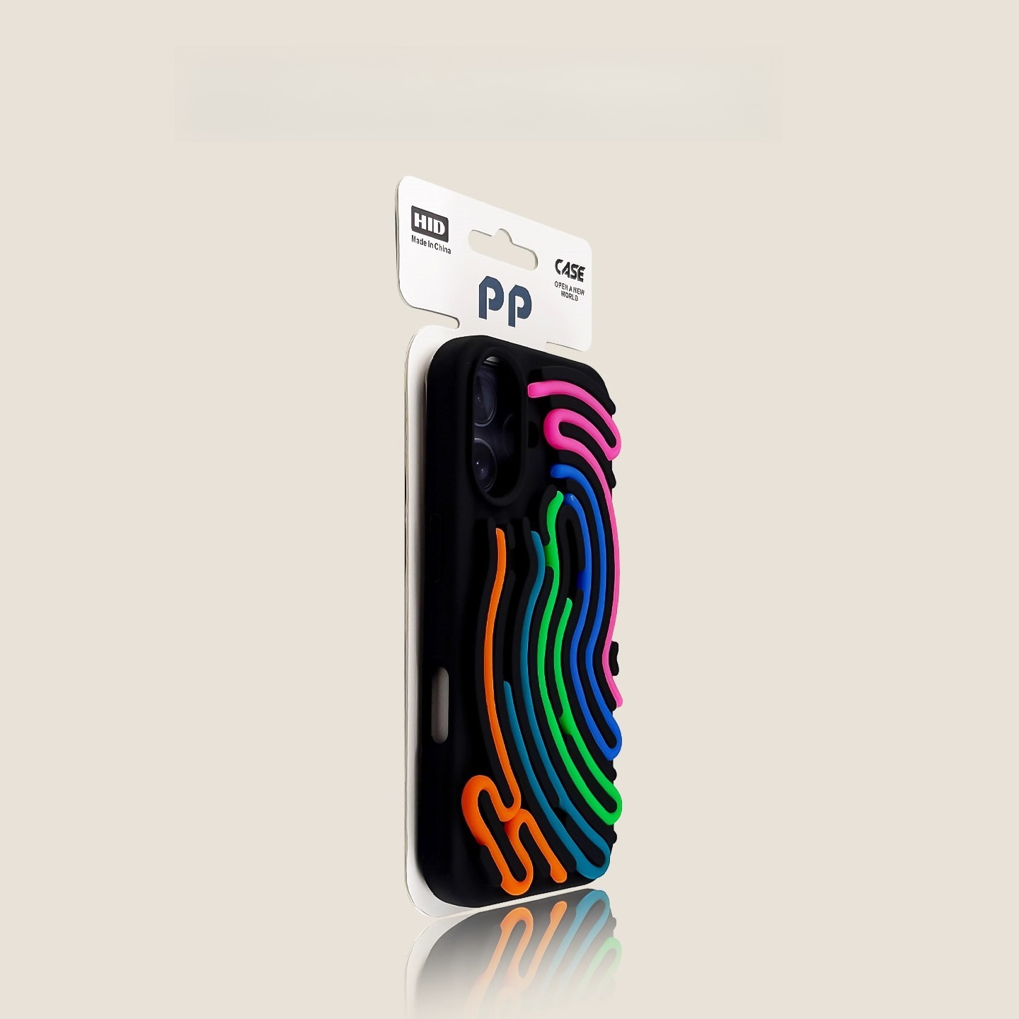 Black iPhone case with neon rainbow wave lines, sleek protective back cover